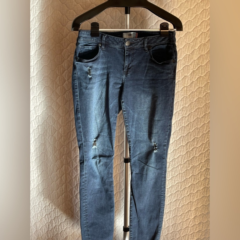 Size 8 CAbi distressed dark wash skinny jeans